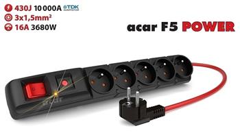 Acar F5 1.5m kabel, 5 zsuvek, pepov ochrana, max.proud 16A, ern