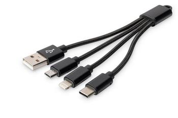 DIGITUS Nabjec kabel USB 3 v 1 - USB A - Lightning + micro B + typ C M/ M/M/M 0,15 m, bavlna, CE, zlat, bl
