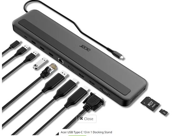 Acer 13in1 Type C Minidock: 3x USB3.0 (5Gbps Data Transfer), 1x USB-C (5Gbps Data transfer), 1x USB-C Power Delivery (up to 100W)