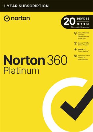 NORTON 360 PLATINUM 100GB CZ 1 uivatel 20 zazen na 1 rok 