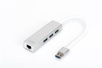 DIGITUS USB 3.0 HUB, 3 porty a Gigabit LAN adaptr 3xUSB A / F, 1xUSB A / M, 1xRJ45 LAN, Win / Mac OS