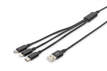 USB nabjec kabel, 3 v 1 , USB A - Lightning+micro B+Type-C 1m, kabel, bavlna, CE, bl