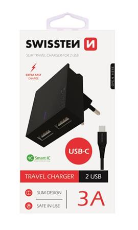 SWISSTEN S͍OV ADAPTR SMART IC, CE 2x USB 3 A POWER ERN + DATOV KABEL SWISSTEN USB / TYPE C 1,2 M ERN