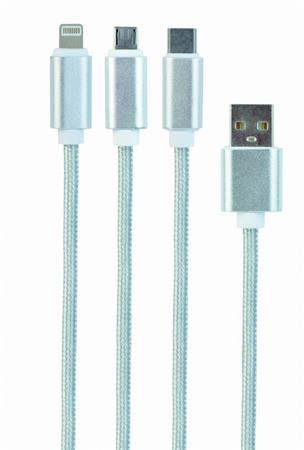CABLEXPERT Kabel USB A Male/Micro B + Type-C + Lightning, 1m, opleten, stbrn, blister