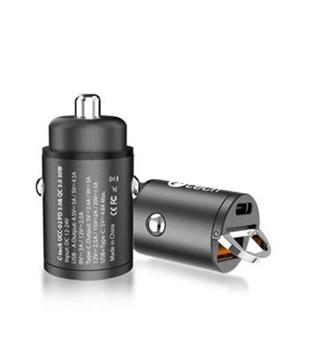 C-TECH Nabíječka USB do auta, 1x Type C + 1 x Type A, 30W, Power delivery 3.0, Quick Charge 3.0, hliníkové tělo