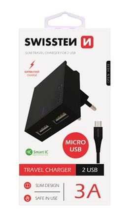 SWISSTEN S͍OV ADAPTR SMART IC, CE 2x USB 3 A POWER ERN+ DATOV KABEL SWISSTEN USB / MICRO USB 1,2 M ERN