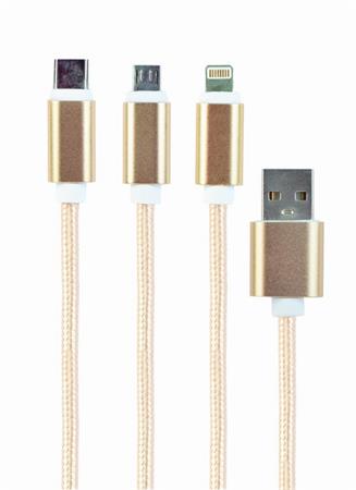 CABLEXPERT Kabel USB A Male/Micro B + Type-C + Lightning, 1m, opleten, zlat, blister