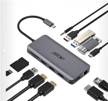 ACER 12v1 docking station/dongle USB-C: 2USB3.2, 2USB2.0, teka 1SD/TF 2HDMI,1PowerDelivery,1DP,1RJ45,13.5 Audio