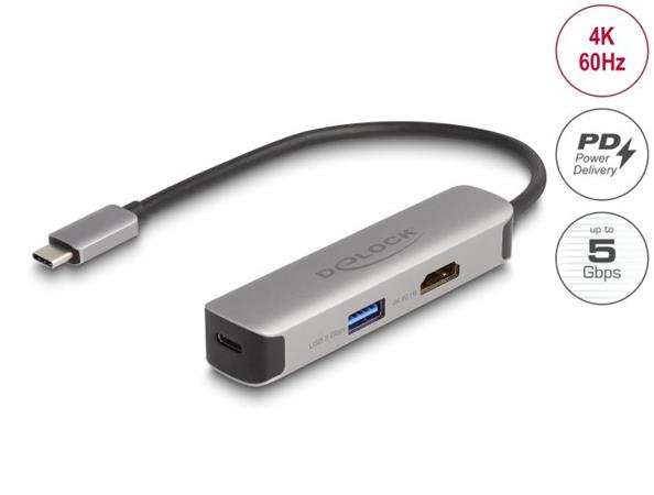 Delock Adaptr USB Type-C na HDMI 4K, 60 Hz, s PD USB Typu-A a USB Type-C Data + PD 92 W