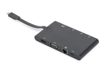 Digirus Univerzln cestovn dokovac stanice, USB 3.1 Type C, 4K, HDMI, VGA, 2x USB-C, 2x USB3.0, RJ45, MicroSD, SD / MMC, ern