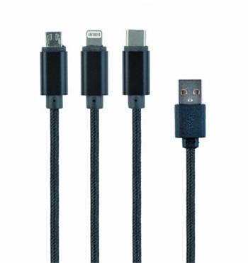 CABLEXPERT Kabel USB A Male/Micro B + Type-C + Lightning, 1m, opleten, ern, blister