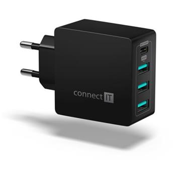 CONNECT IT Fast Charge nabjec adaptr 3xUSB-A + 1xUSB-C, 4,8A, ern